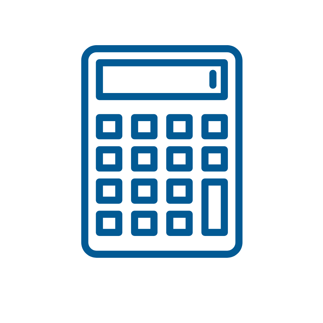 Blue outlined icon of a calculator with a rectangular display and a grid of square buttons. Simple design, representing calculation or finance.