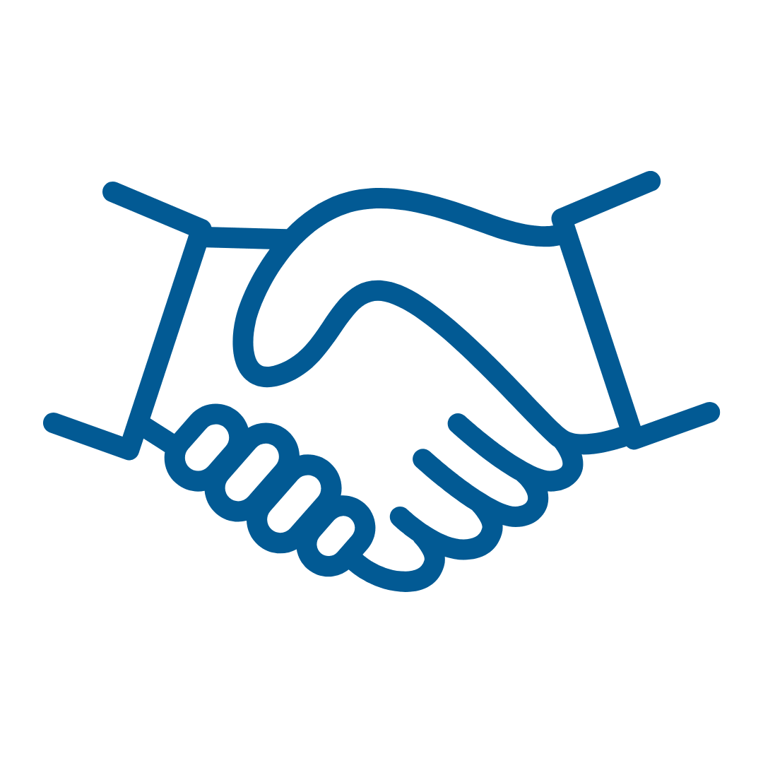 Icon of two hands shaking outlined in blue, symbolizing agreement or partnership. Simple, clear lines convey a sense of cooperation and trust.