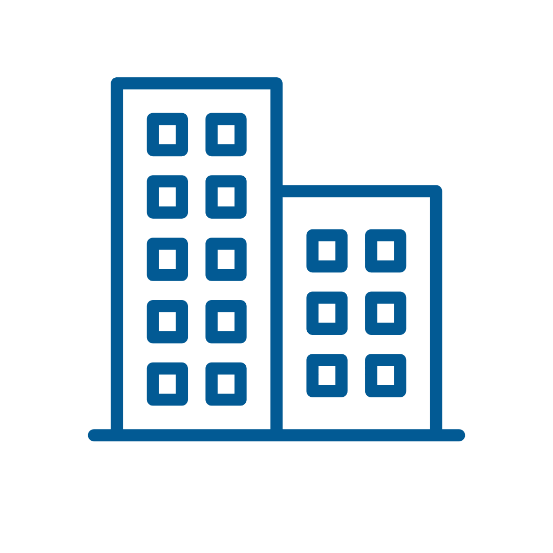 Icon of two stylized blue buildings with square windows on a white background. The simple line art conveys a clean, professional tone.