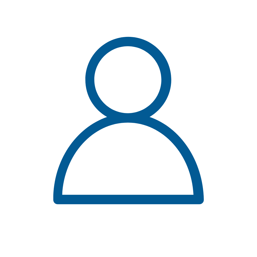 A blue minimalist avatar icon on a white background, showing a stylized person with a circular head and half-circle torso, conveying simplicity and anonymity.